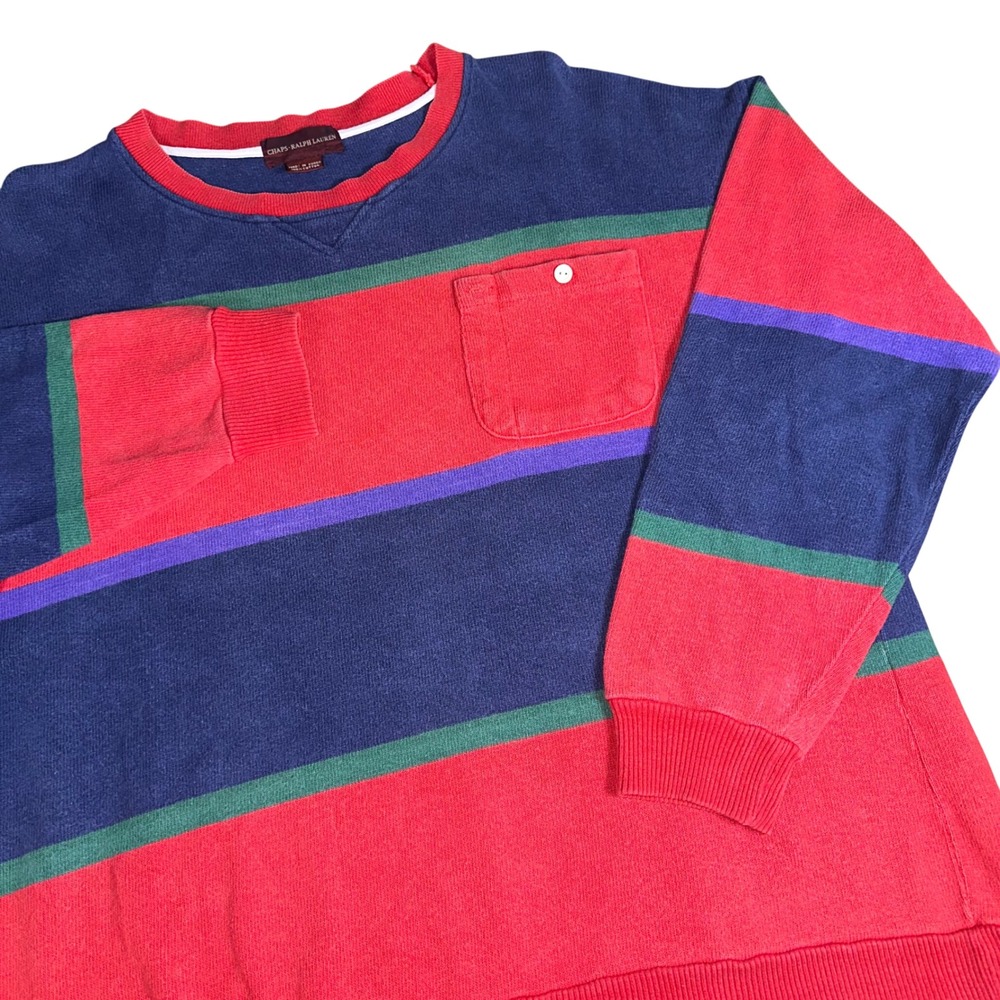 Chaps Ralph Lauren Red Blue Stripe Knit Long Sleeve Cotton Shirt Vintage Men XL